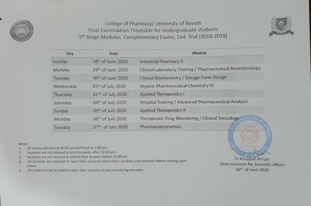 جدول الامتحانات التكميلية المحاولة الثانية للمرحلة الخامسة للعام الدراسي 2018-2019