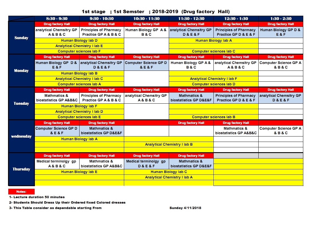 جدول الدروس الاسبوعي للمرحلة الاولى الكورس الاول لكلية الصيدلة جامعة البصرة للعام الدراسي 2018-2019