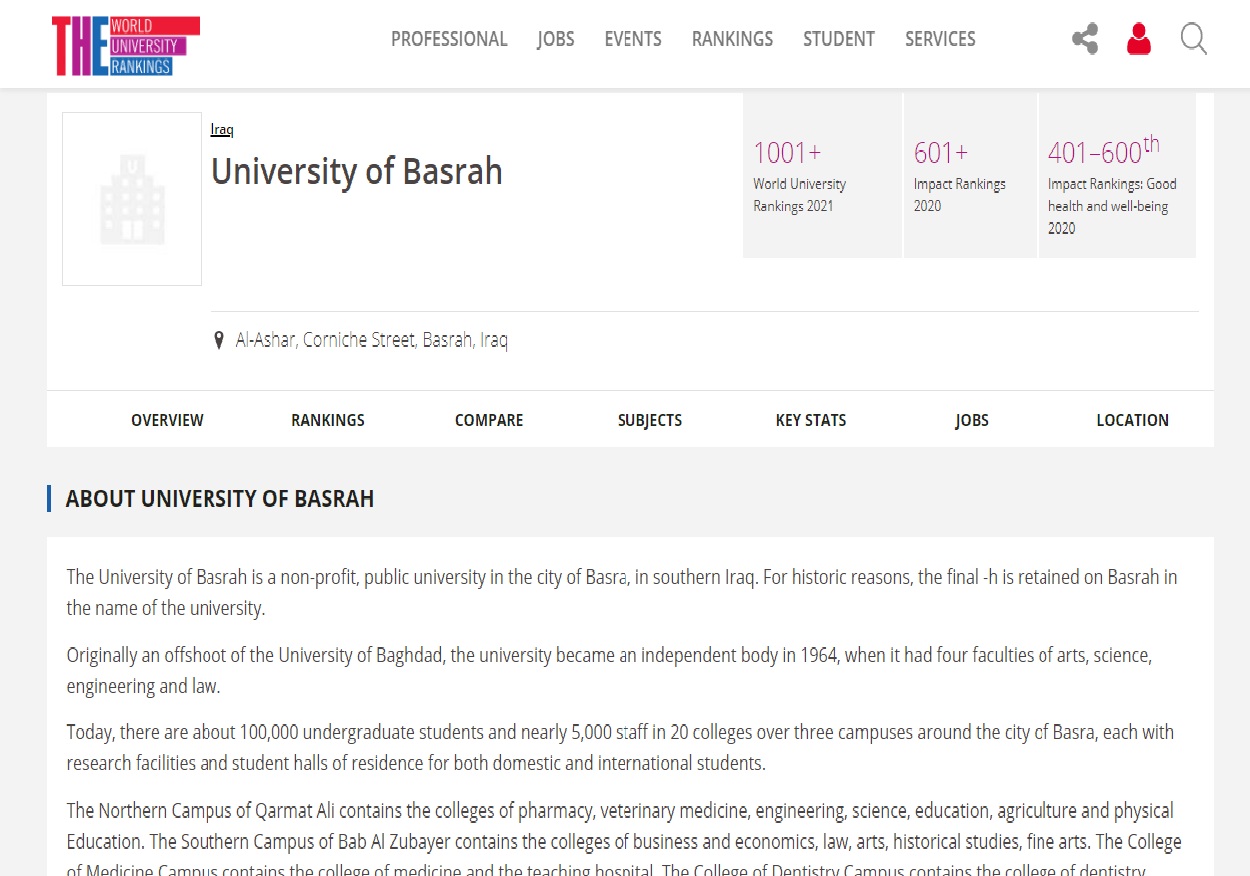 جامعات بغداد والبصرة والتكنولوجية في قائمة تصنيف التايمز البريطاني لعام 20214444