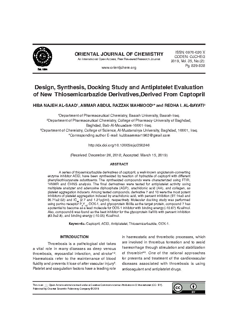 Design Synthesis Docking Study and Antiplatelet Evaluation of New Thiosemicarbazide DerivativesDerived From Captopril
