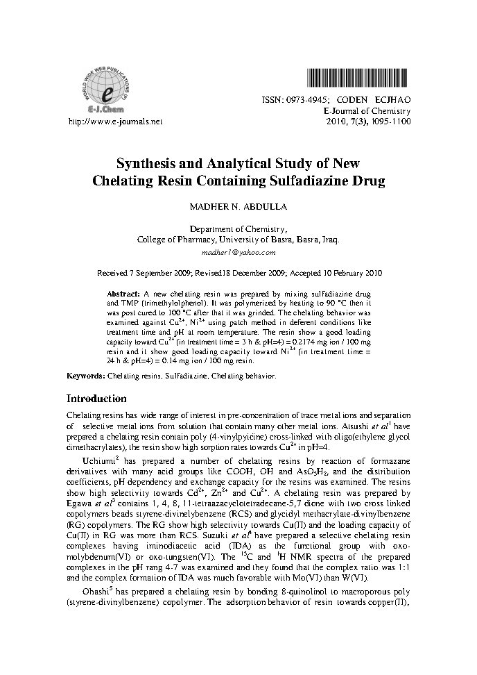 Synthesis and Analytical Study of New Chelating Resin Containing Sulfadiazine Drug