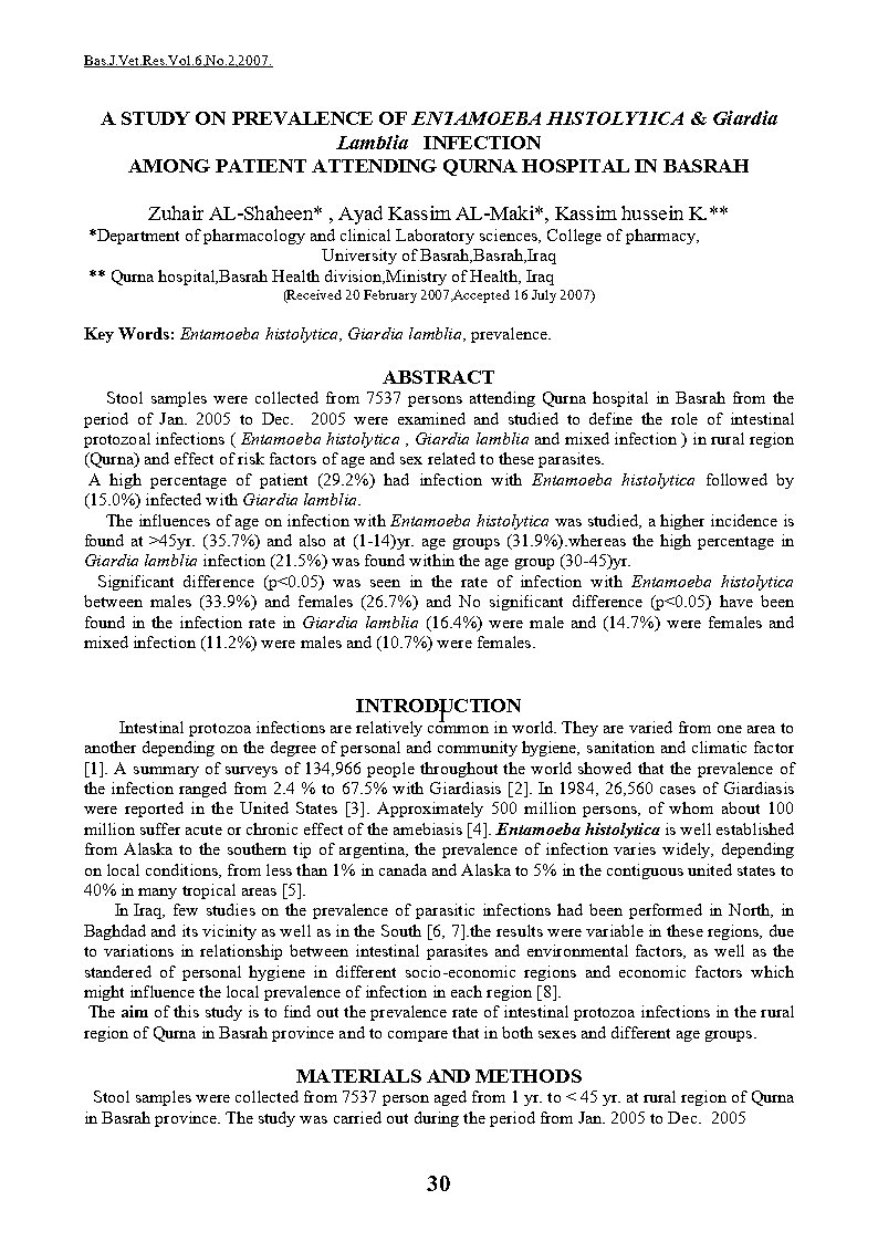 A STUDY ON PREVALENCE OF ENTAMOEBA HISTOLYTICA Giardia Lamblia INFECTION