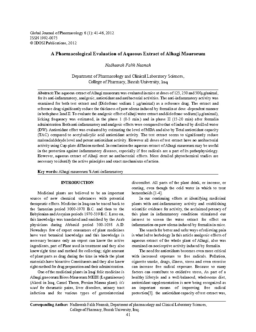 A pharmacological evaluation of aqueous extract of Alhagi maurorum