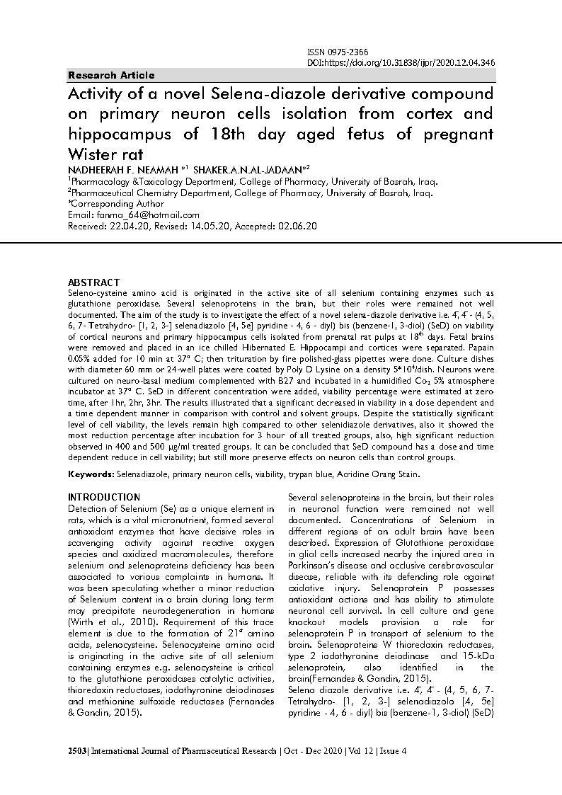 Activity of a novel Selena diazole derivative compound on primary neuron cells isolation from cortex and hippocampus of 18th day aged fetus of pregnant Wister rat