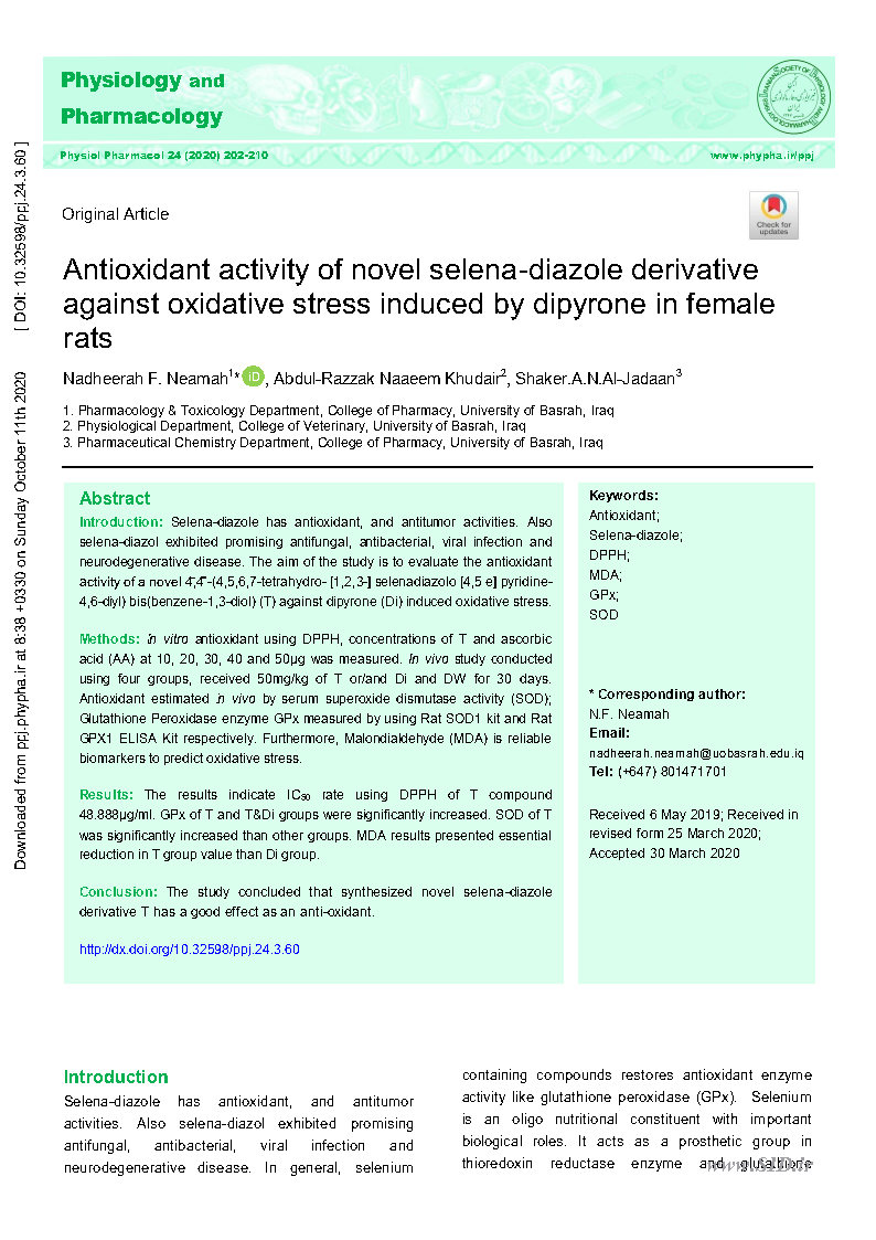 Antioxidant activity of novel selena diazole derivative against oxidative stress induced by dipyrone in female rats