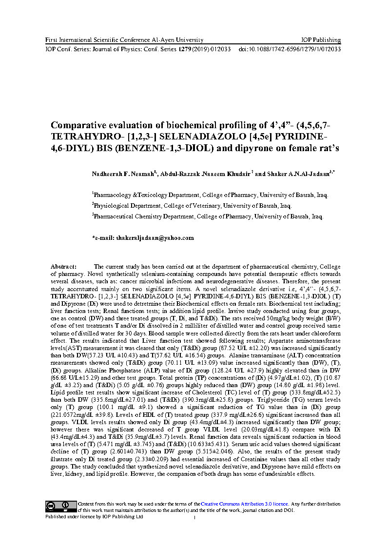 Comparative evaluation of biochemical profiling of 4 4 4 5 6 7 TETRAHYDRO 1 2 3 SELENADIAZOLO 4 5e PYRIDINE 4 6 DIYL BIS BENZENE 1 3 DIOL and dipyrone on female rats