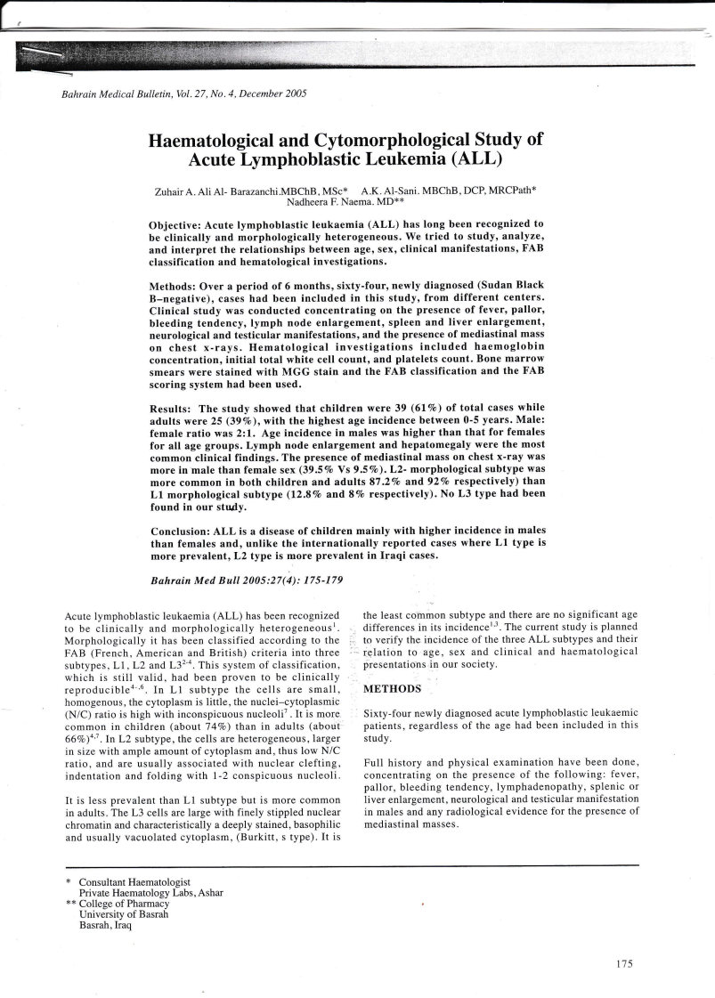 Haematological and Cytomorphological Study of Acute Lymphoblastic Leukemia ALL