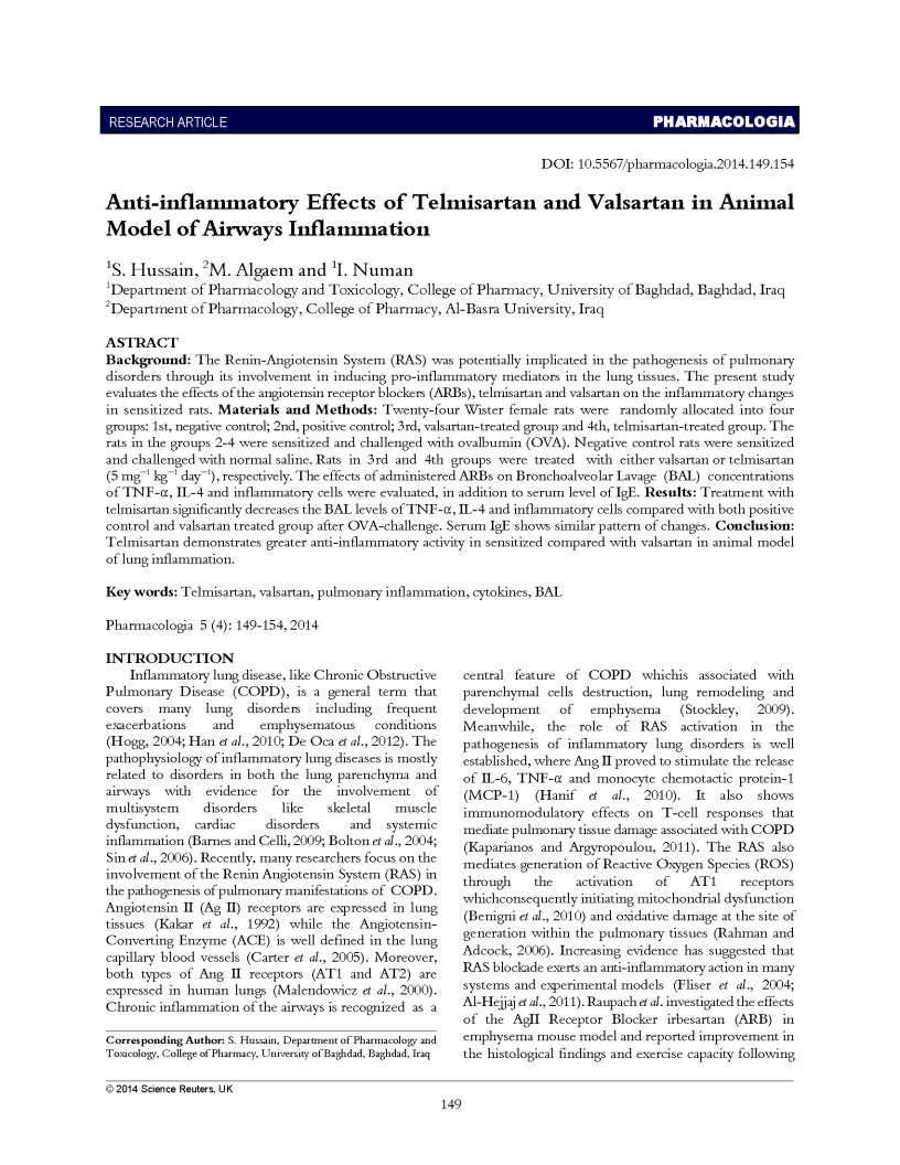 Anti inflammatory Effect of Telmisartan and Valsartan in Animal Model of Airway iflammation
