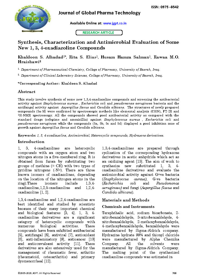 Synthesis Characterization and Antimicrobial Evaluation of Some New 1 3 4 oxadiazoline Compounds