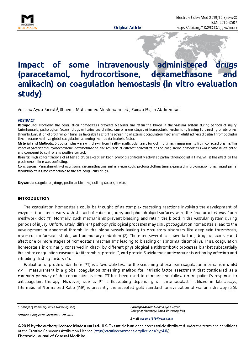 Impact of some intravenously administered drugs paracetamol hydrocortisone dexamethasone and amikacin on coagulation hemostasis in vitro evaluation study