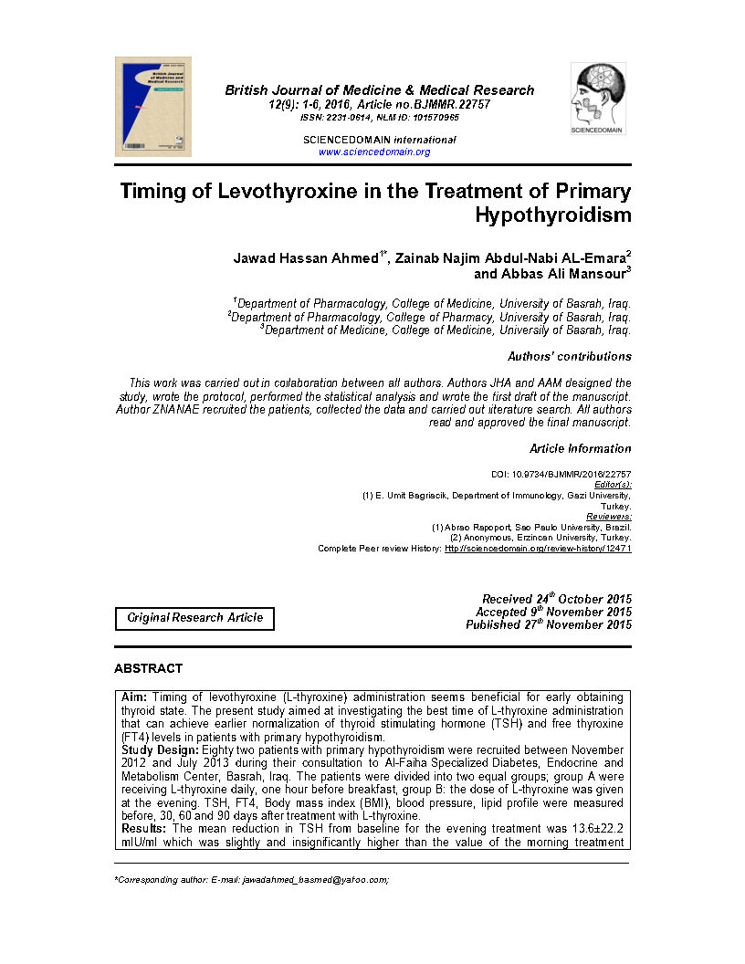 Timing of Levothyroxine in the Treatment of Primary