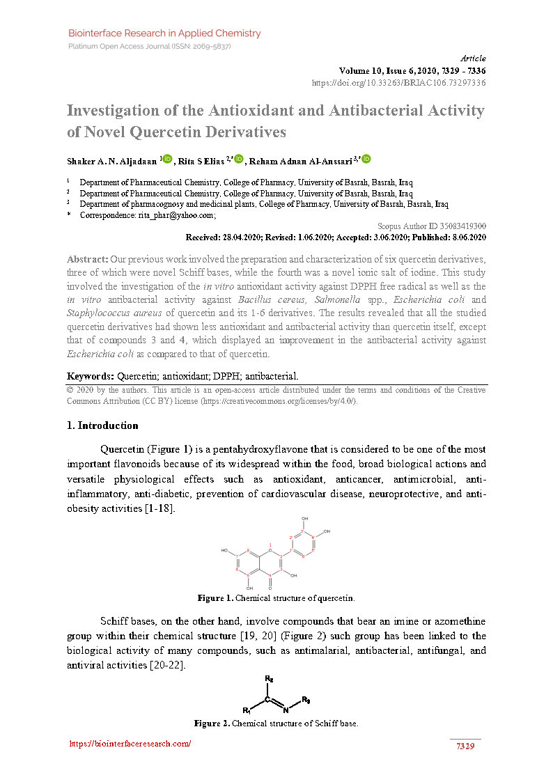 Investigation of the Antioxidant and Antibacterial Activity of Novel Quercetin Derivatives