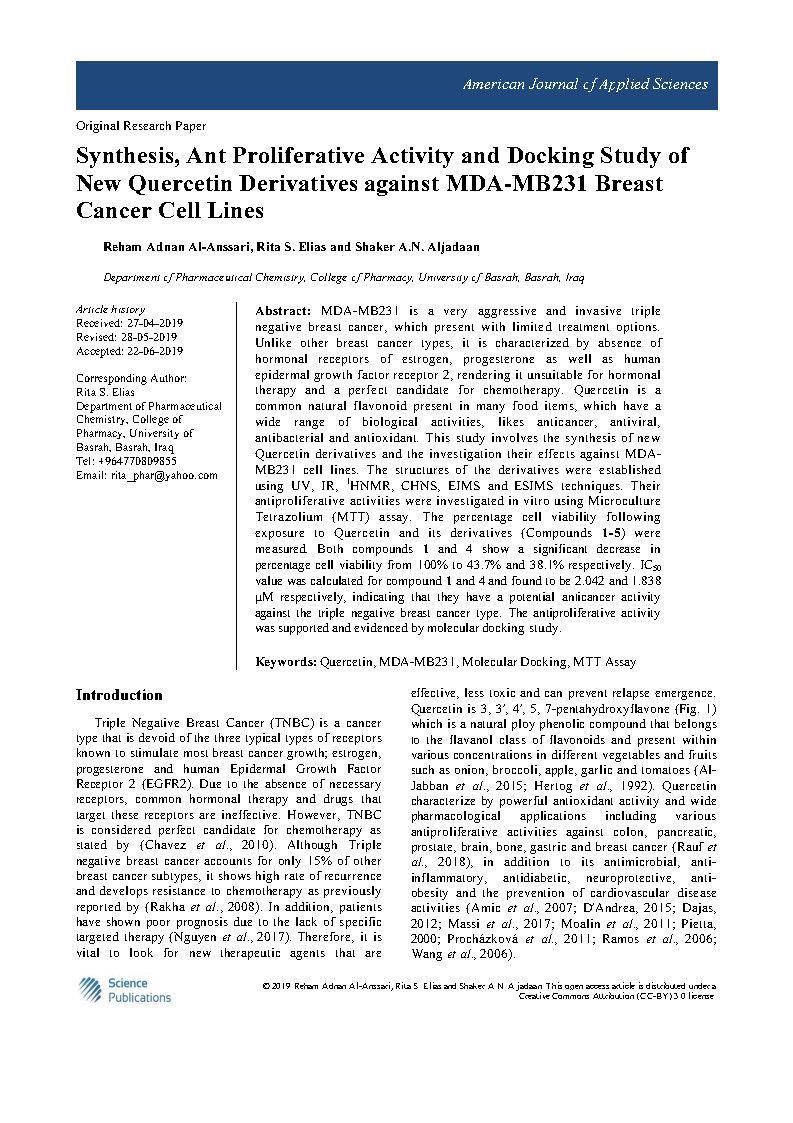 Synthesis Ant Proliferative Activity and Docking Study of New Quercetin Derivatives against MDA MB231 Breast Cancer Cell Lines