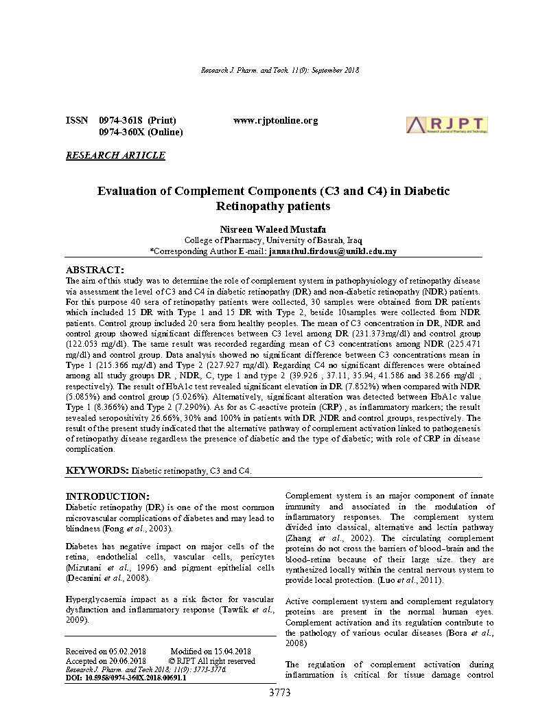 Evaluation of Complement Components C3 and C4 in Diabetic Retinopathy patients Page1