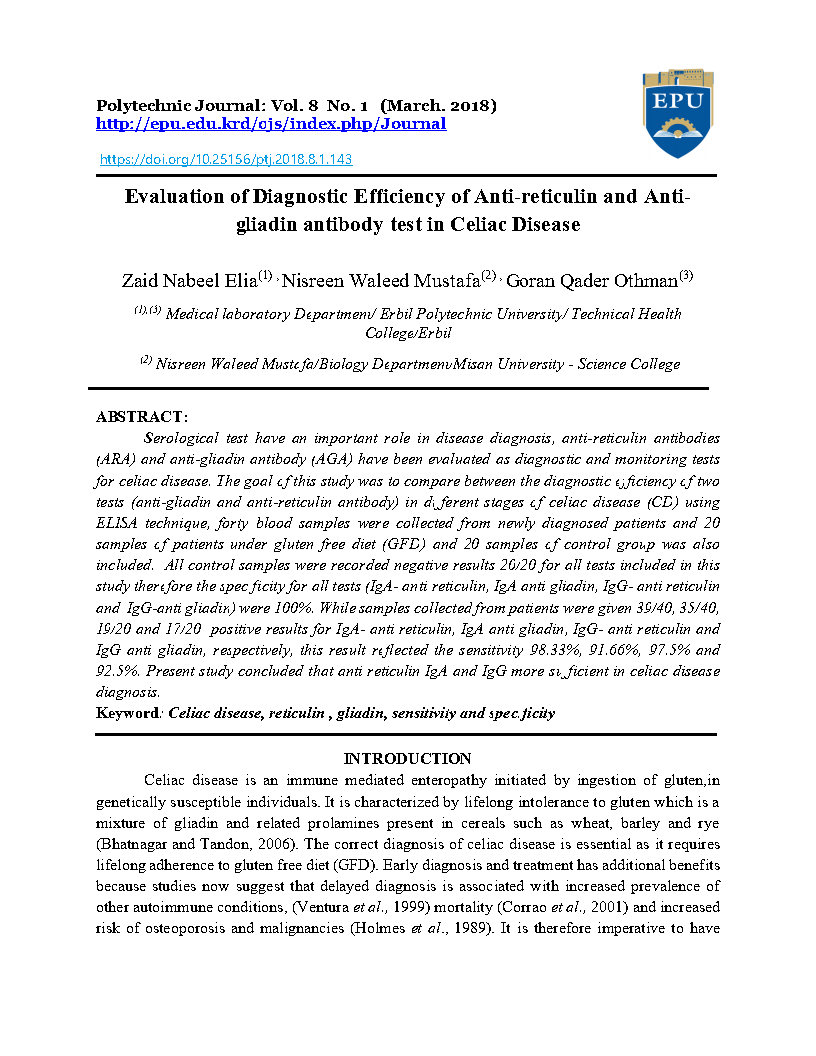Evaluation of Diagnostic Efficiency of Anti reticulin and Anti gliadin antibody test in Celiac Disease