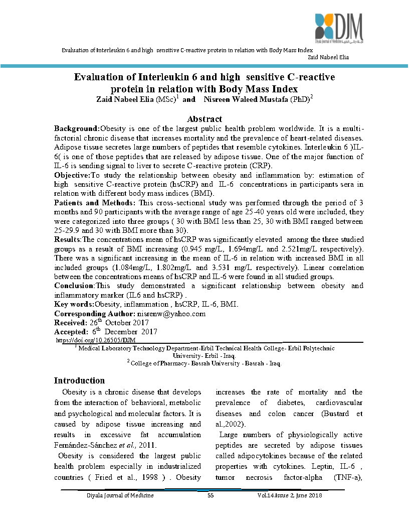 Evaluation of Interleukin 6 and high sensitive C reactive