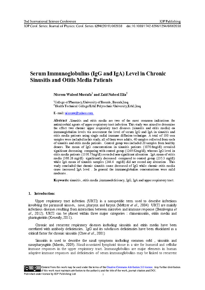 Serum Immunoglobulins IgG and IgA Level in Chronic Sinusitis and Otitis Media Patients
