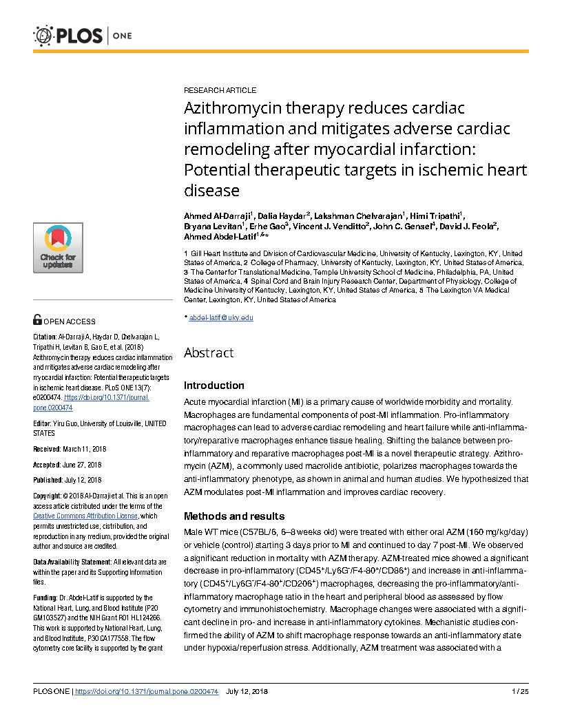 Azithromycin therapy reduces cardiac inflammation and mitigates adverse cardiac remodeling after myocardial infarction Potential therapeutic targets in ischemic heart disease