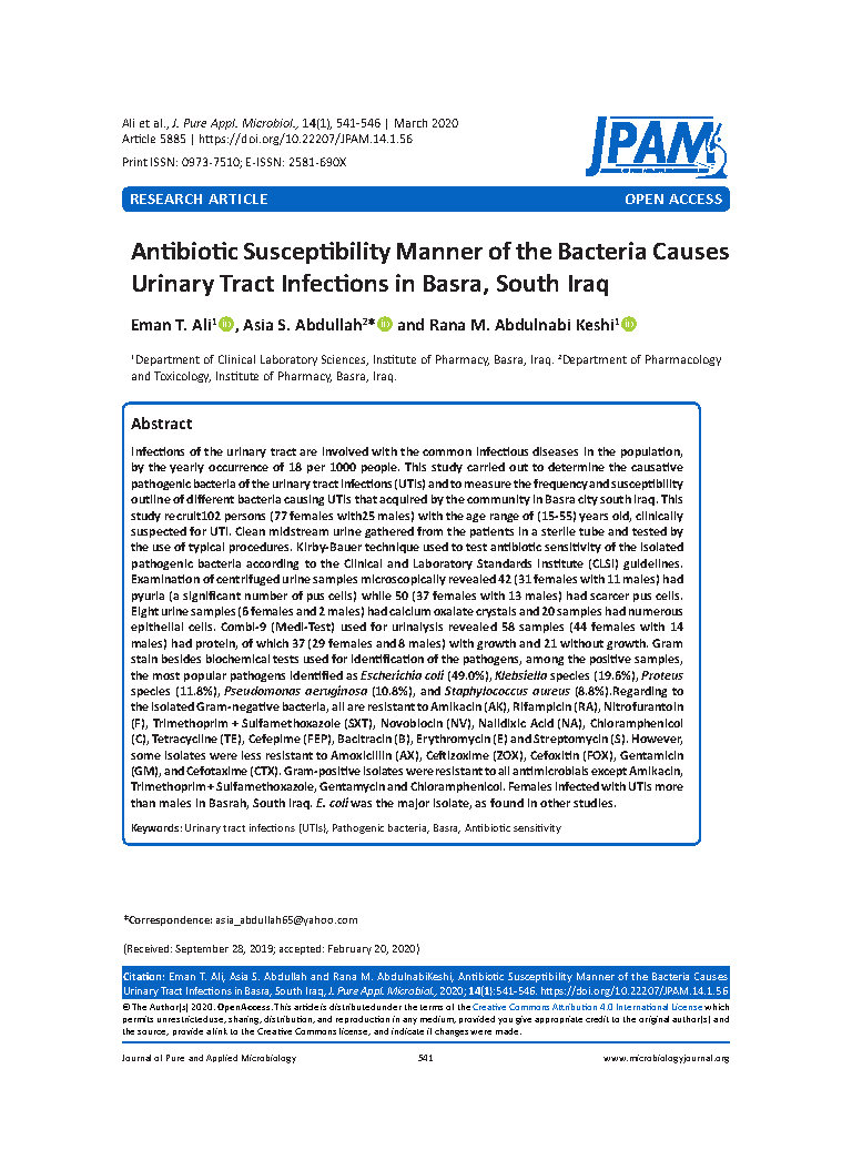 Antibiotic Susceptibility Manner of the Bacteria Causes Urinary Tract Infections in Basra South Iraq