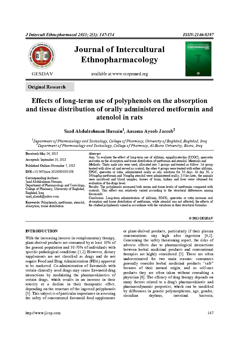 Effects of long term use of polyphenols on the absorption and tissue distribution of orally administered metformin and atenolol in rats