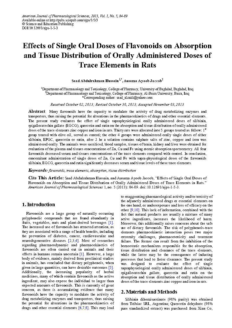Effects of single oral doses of flavonoids on absorption and tissue distribution of orally administered doses of trace elements in rats