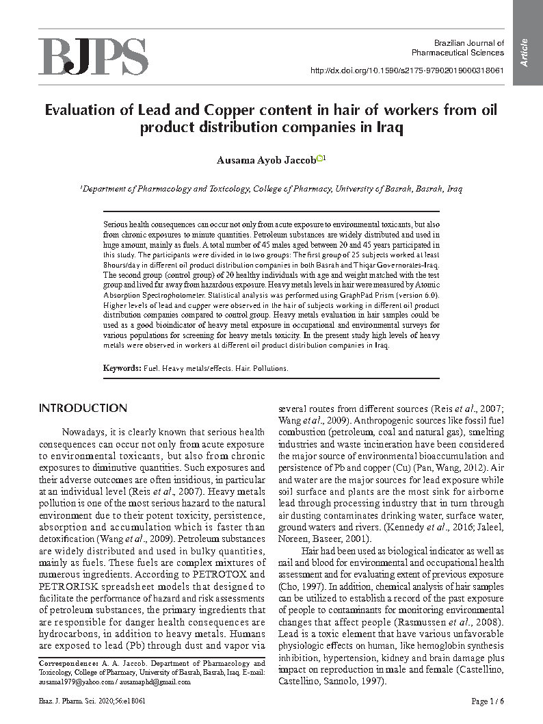 Evaluation of Lead and Copper content in hair of workers from oil product distribution companies in Iraq