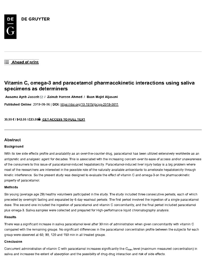 Vitamin C omega 3 and paracetamol pharmacokinetic interactions using saliva specimens as determiners