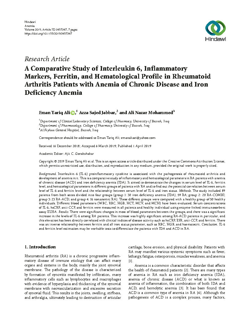 A Comparative Study of Interleukin 6 Inflammatory Markers Ferritin and Hematological Profile in Rheumatoid Arthritis Patients with Anemia of Chronic Disease and Iron Deficiency Anemia