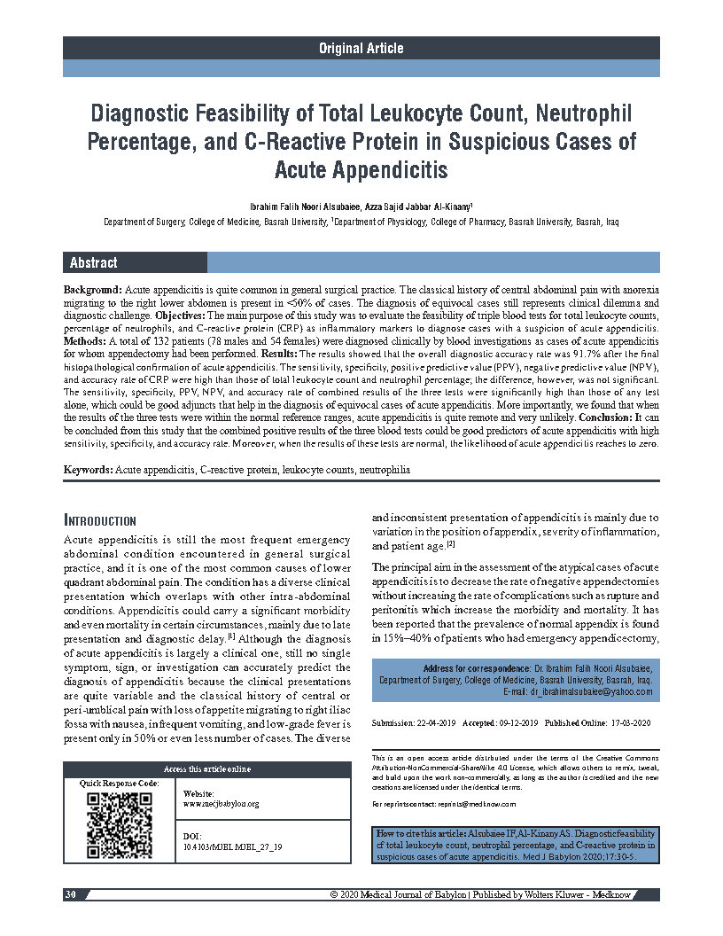 Diagnostic Feasibility of Total Leukocyte Count Neutrophil Percentage and CReactive Protein in Suspicious Cases of Acute Appendicitis