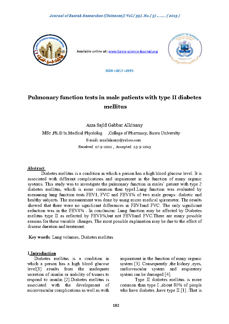 Pulmonary function tests in male patients with type II diabetes