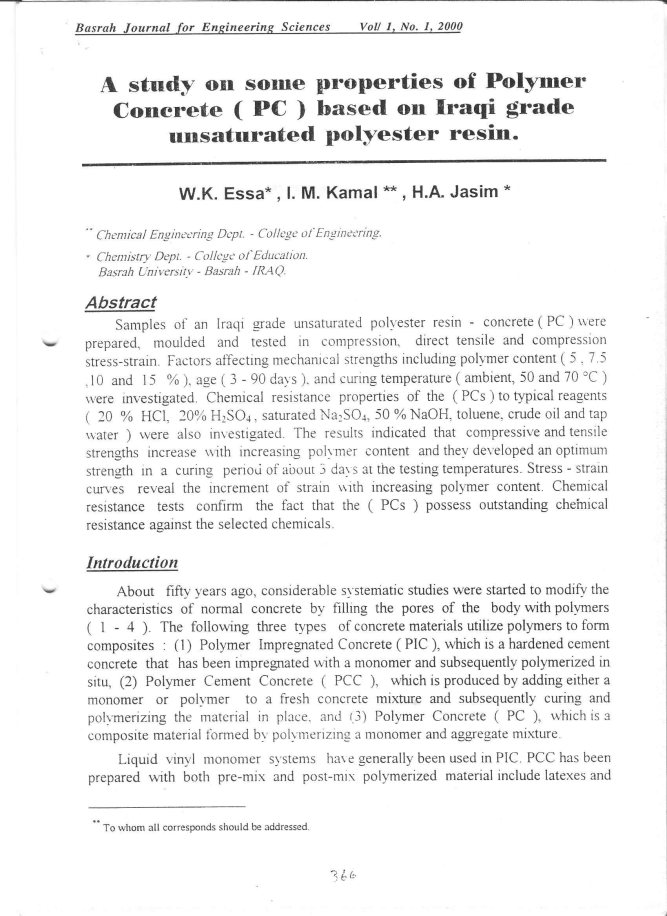 A study on some properties of polymer based on polymer concrete pc based on Iraqi grade unsaturated polyester resin