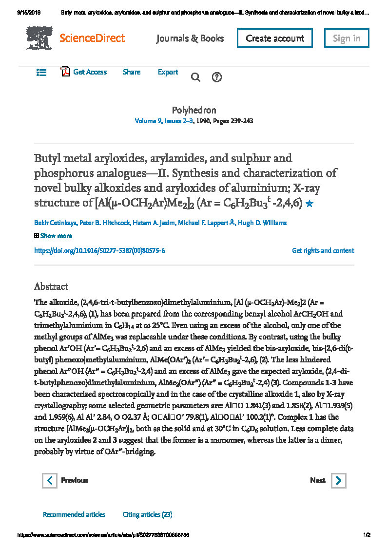 Butyl metal aryloxides arylamides and sulphur and phosphorus analoguesII. Synthesis and characterization of novel bulky alkoxides and aryloxides of aluminium X ray 