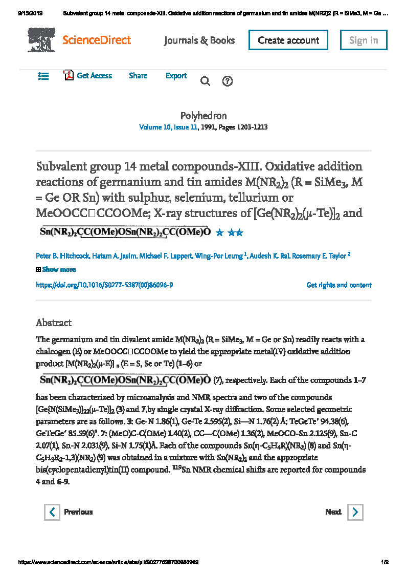 Subvalent group 14 metal compounds XIII. Oxidative addition reactions of germanium and tin amides M NR2 2 R SiMe3 M Ge OR Sn with sulphur selenium tellurium or MeOOCC 