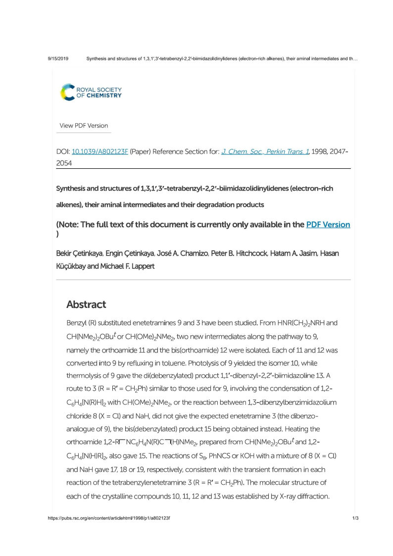 Synthesis and structures of 1 3 1 3 tetrabenzyl 2 2 biimidazolidinylidenes electron rich alkenes their aminal intermediates and their degradation products