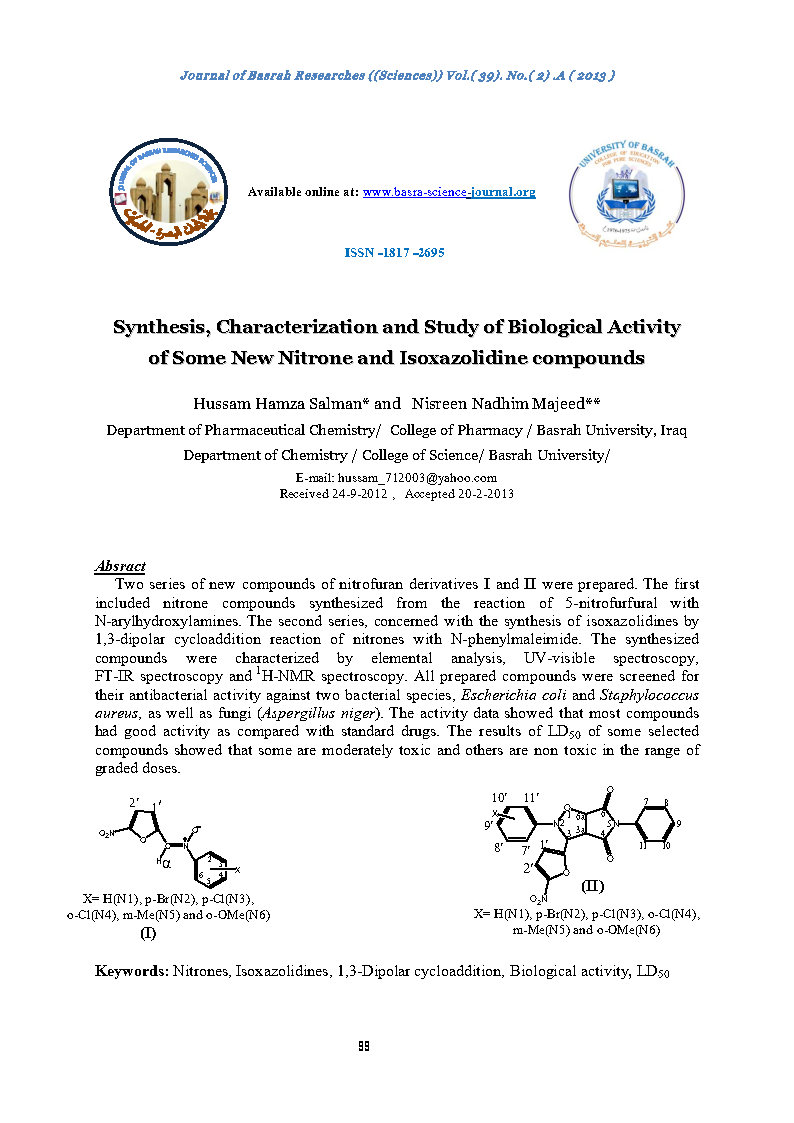 Synthesis Characterization and Study of Biological Activity of Some New Nitrone andIsoxazolidine compounds