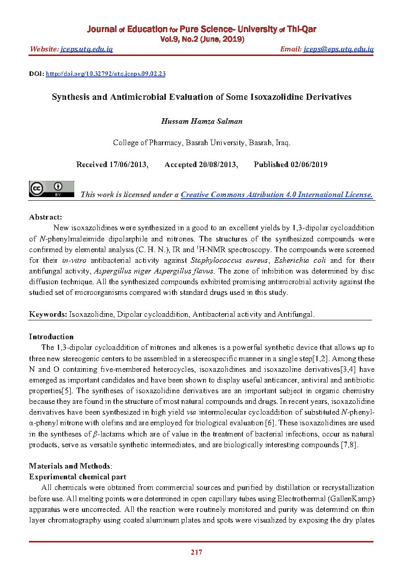 Synthesis and Antimicrobial Evaluation of Some Isoxazolidine Derivatives