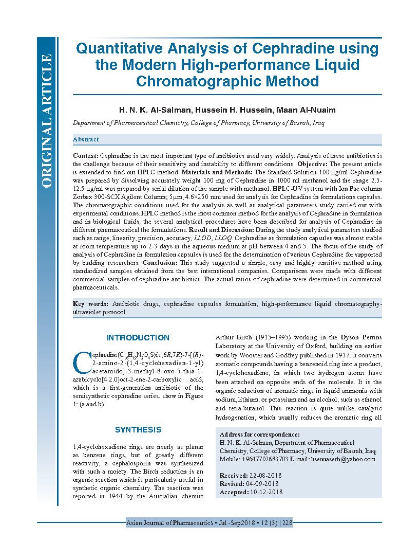 Quantitative Analysis of Cephradine using the Modern High performance Liquid Chromatographic Method