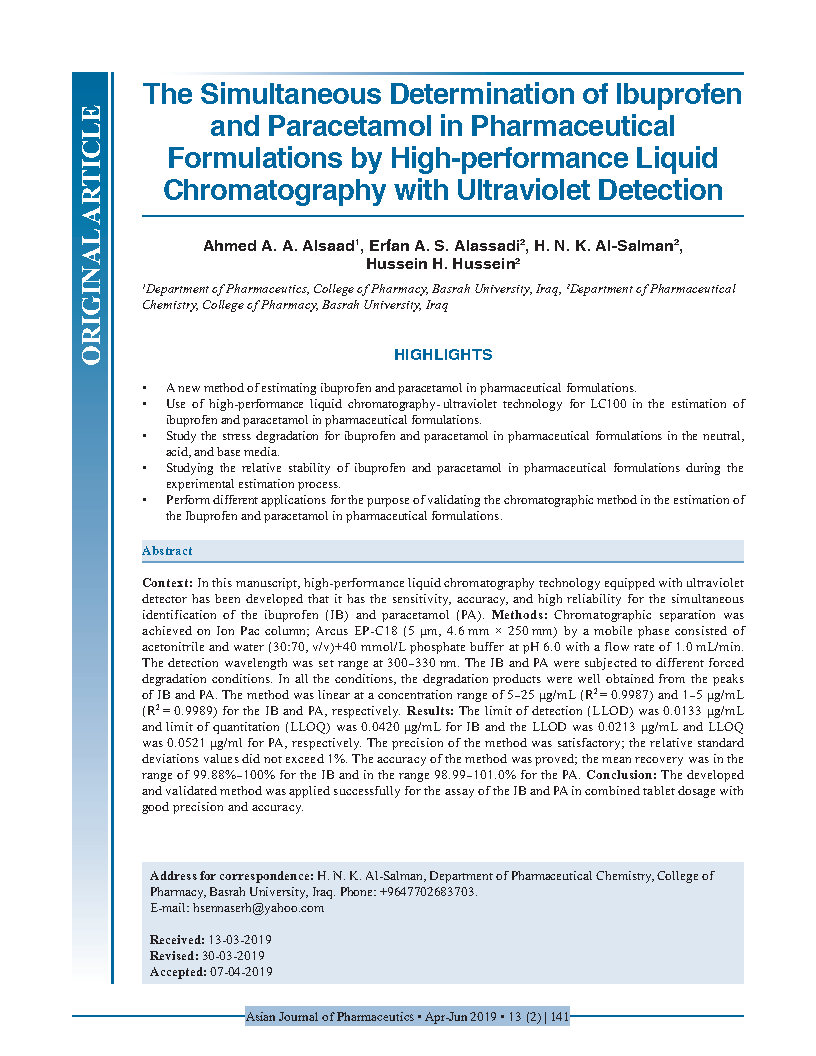 The Simultaneous Determination of Ibuprofen and Paracetamol in Pharmaceutical Formulations by Highperformance Liquid Chromatography with Ultraviolet Detection