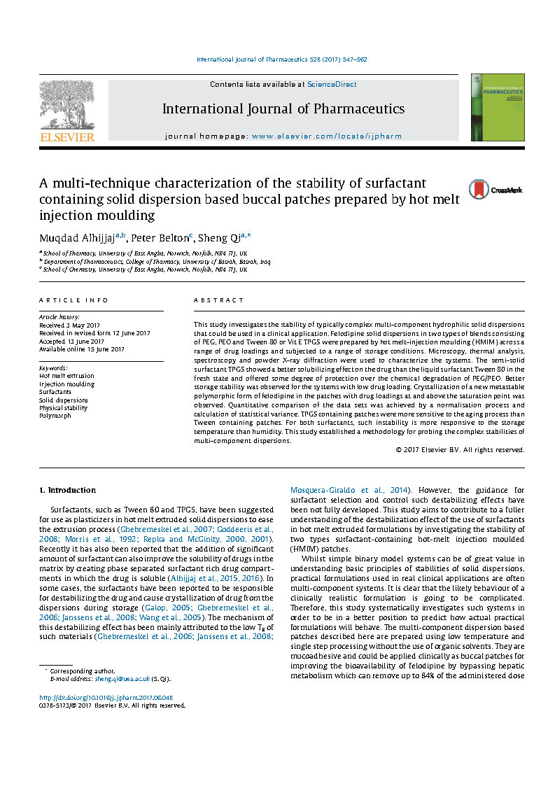 A multi technique characterization of the stability of surfactant containing solid dispersion based buccal patches prepared by hot melt injection moulding