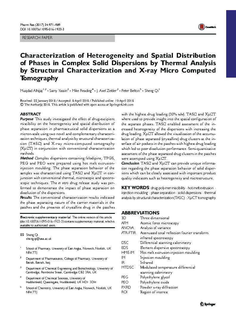 Characterization of heterogeneity and spatial distribution of phases in complex solid dispersions by thermal analysis by structural characterization and X ray micro computed 
