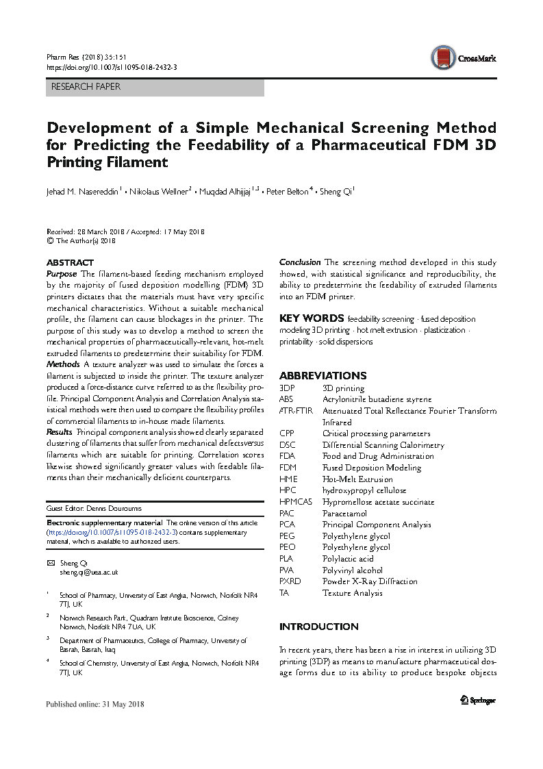 Development of a simple mechanical screening method for predicting the feedability of a pharmaceutical FDM 3D printing filament
