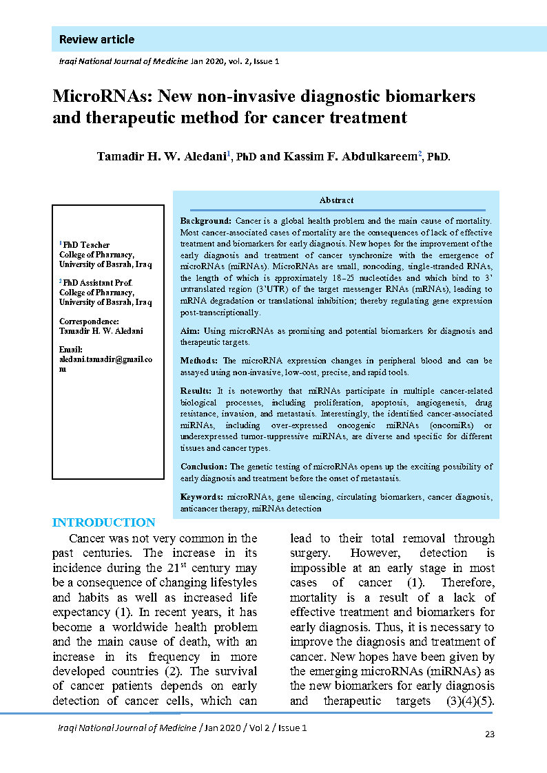 MicroRNAs New non invasive diagnostic biomarkers and therapeutic method for cancer treatment