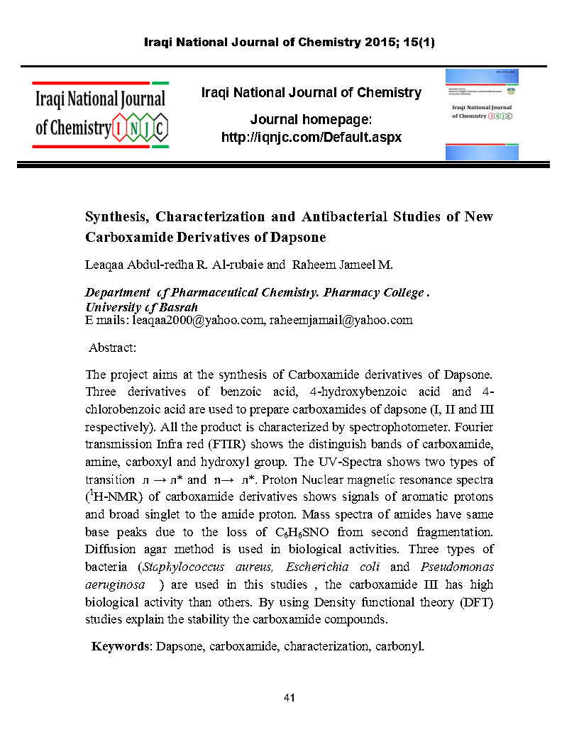 Synthesis Characterization and Antibacterial Studies of New Carboxamide Derivatives of Dapsone