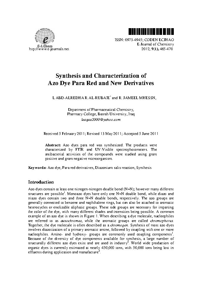 Synthesis and Characterization of Azo Dye Para Red and New Derivatives