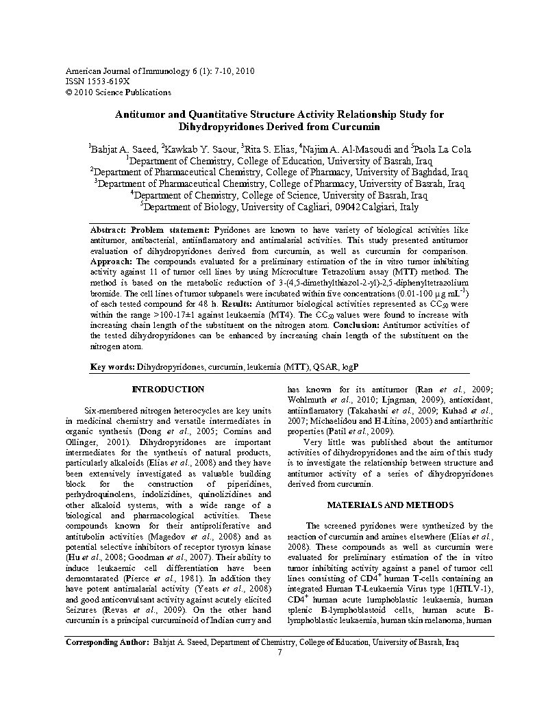 Antitumor and quantitative structure activity relationship studyfor dihydropyridones