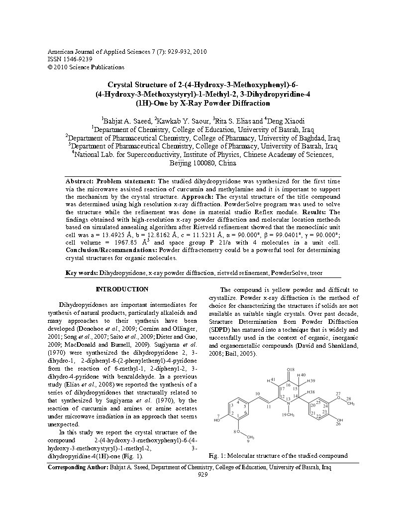 Crystal structure of 2 4 hydroxy 3 methoxyphenyl 6 4 hydroxy 3 methoxystyryl 1 methyl 2 3 dihydropyridine 4 1H one by x ray powder diffraction