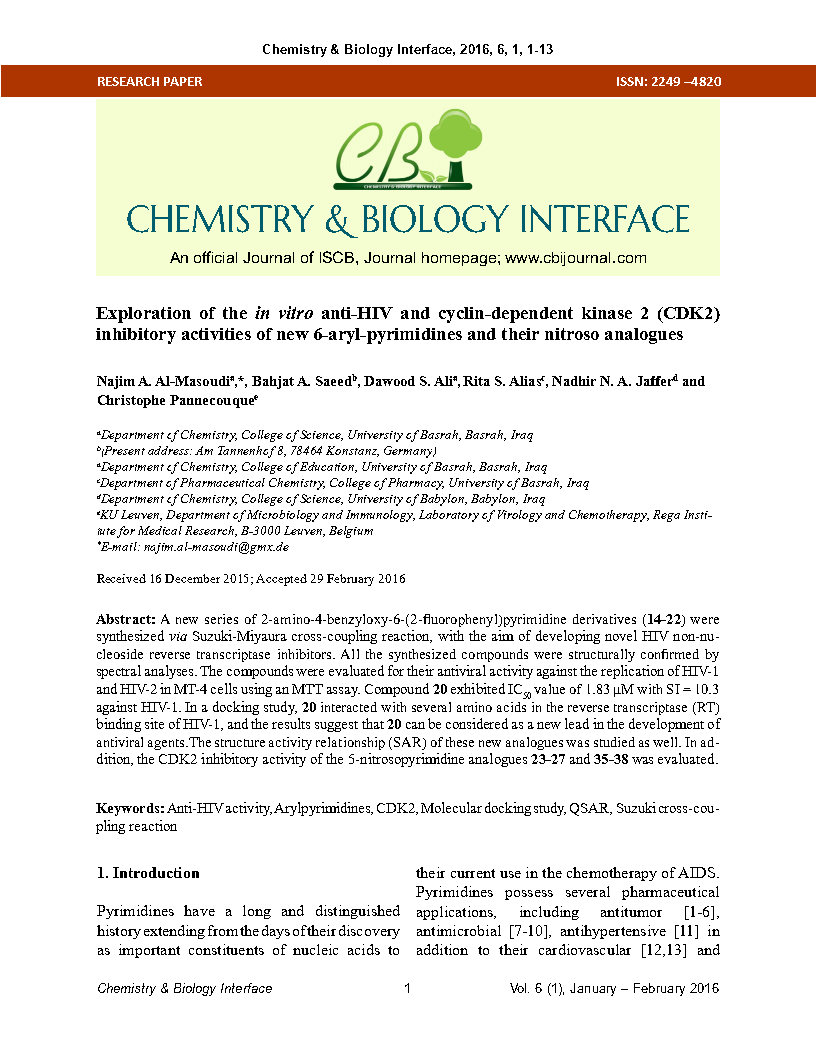 Exploration of the in vitro anti HIV activity and cyclin dependent kinase 2 CDK2 inhibitory activity of new 6 aryl pyrimidines and their nitroso analogues