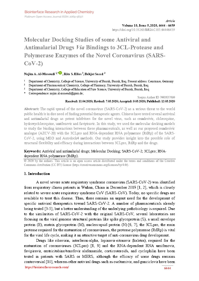 Molecular Docking Studies of some Antiviral and Antimalarial Drugs Via Bindings to 3CL Protease and Polymerase Enzymes of the Novel Coronavirus SARS CoV 2