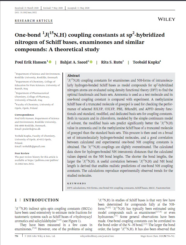 Onebond 1J15NH coupling constants at sp2 hybridized nitrogen of Schiff bases enaminones and similar compounds A theoretical study