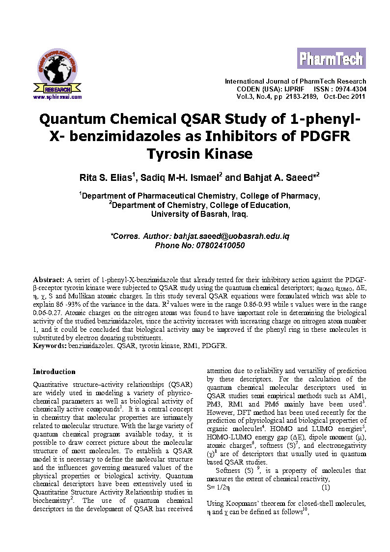 Quantum chemical QSAR study of 1 phenyl X benzimidazoles as inhibitors of PDGFR tyrosin kinase